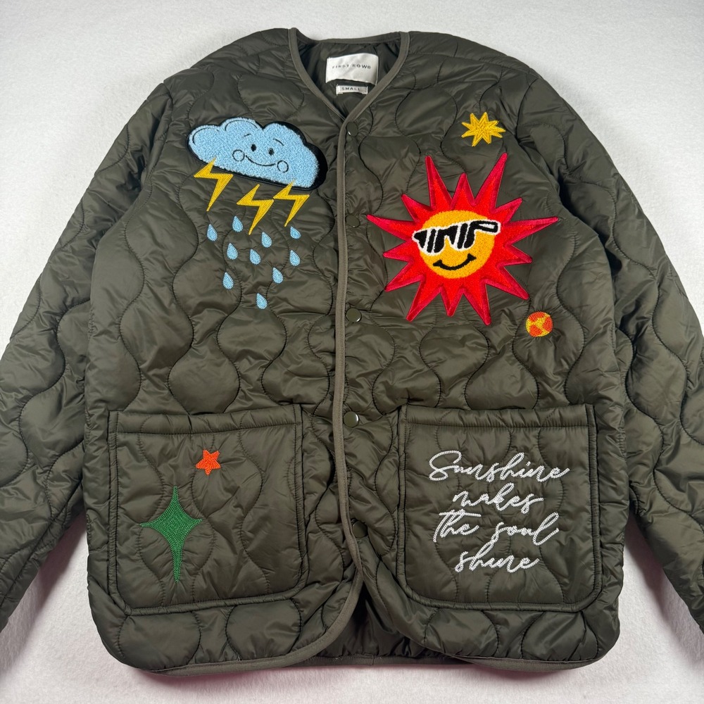 First Row Quilted Liner Jacket Olive Green Embroidered Sun Cloud Small Womens